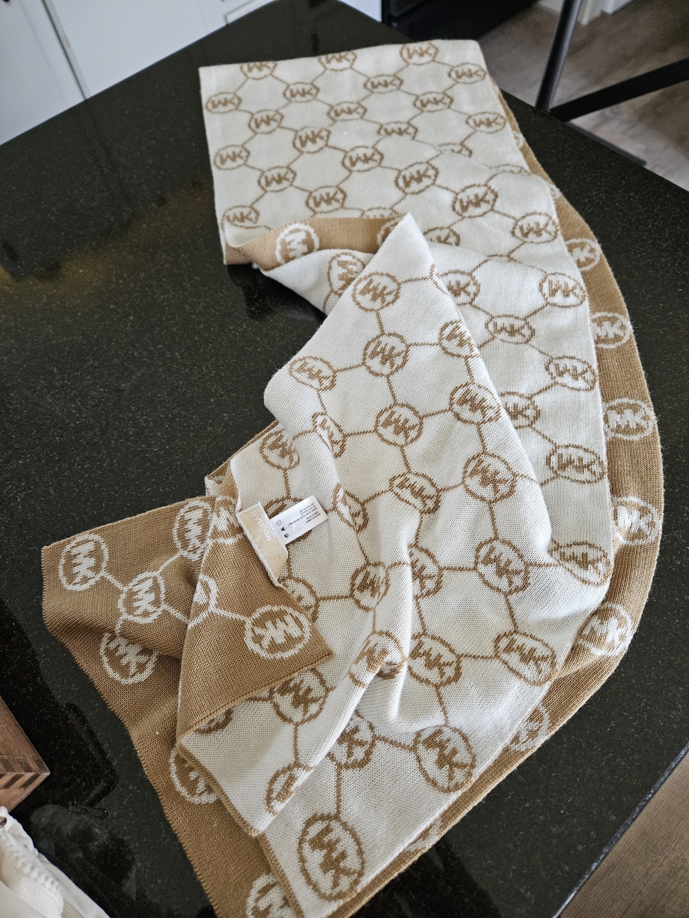 Michael Kors Tan and Cream MK Logo Knit Scarf